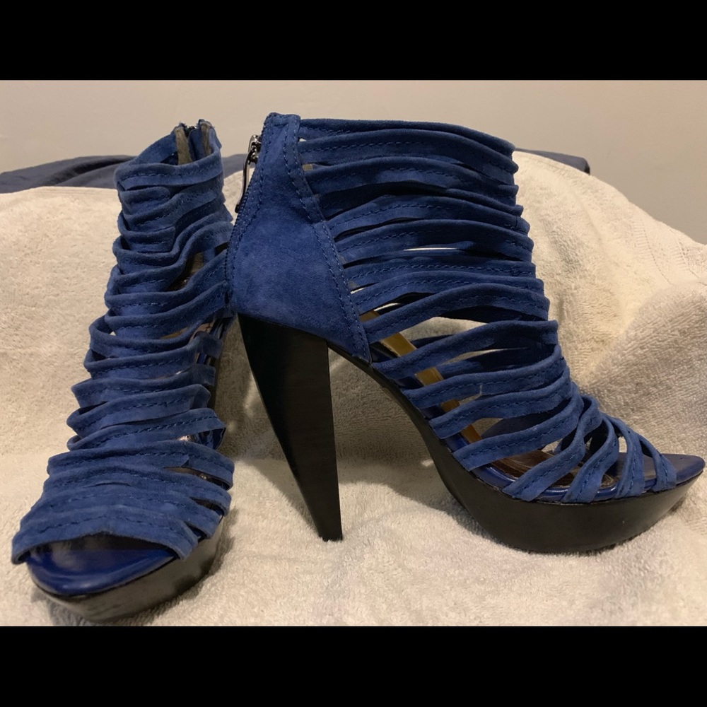 Blue Open Toe Strappy Platform Bootie Heels